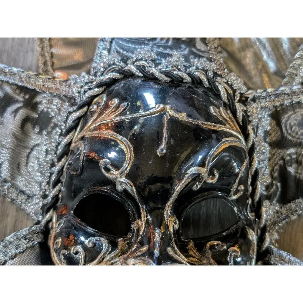 NEW! TOOMEY'S Mardi Gras HANDMADE JESTER Mask Full Face Black Silver Party